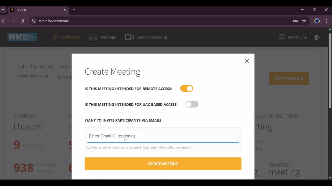 Screenshot of the 'Create Meeting' pop-up with remote access option enabled and email invite field shown.